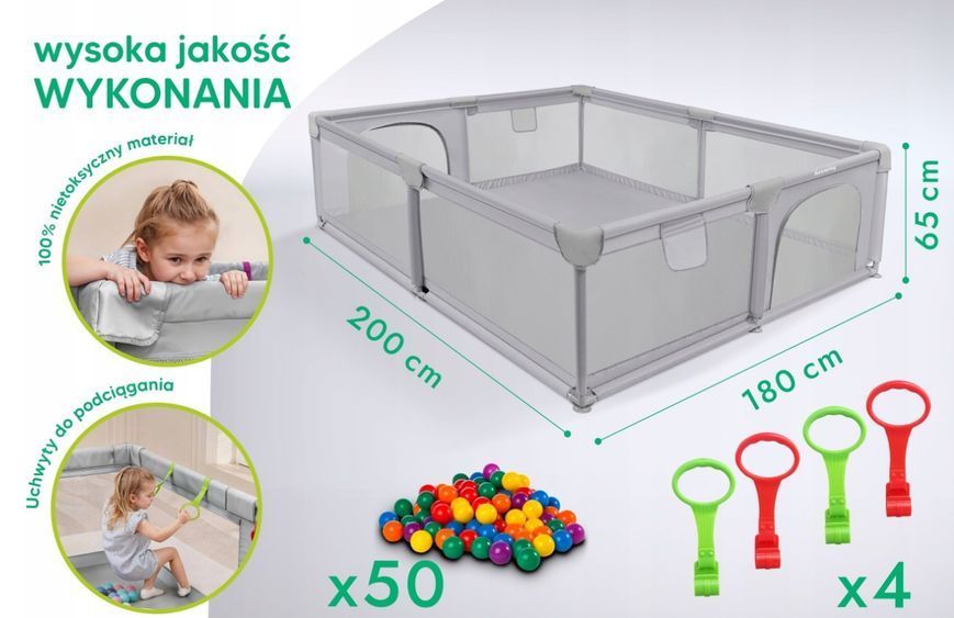 Дитячий манеж XXL 180х200 см з чотирма ручками для дітей і 50 різнокольоровими м'ячами для гри 5905226111811 фото