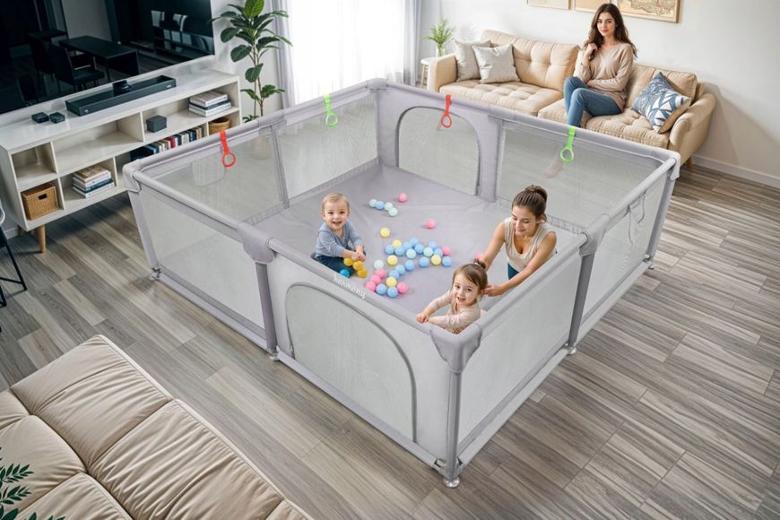 Дитячий манеж XXL 180х200 см з чотирма ручками для дітей і 50 різнокольоровими м'ячами для гри 5905226111811 фото