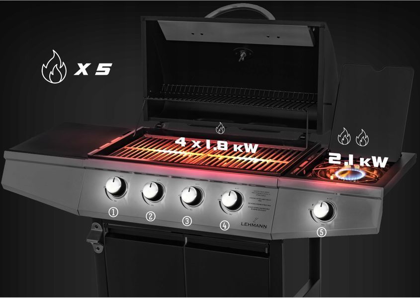 Газовий гриль Lehmann Ohio 4+1 з чавунною решіткою та боковою конфоркою 9.3 кВт з кришкою термометром і редуктором Ohio фото