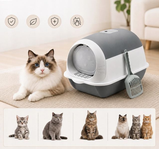 Закритий котячий лоток для кота 50&times;35&times;36 см з фільтром, дверцятами та лопаткою, сірий zw51 фото